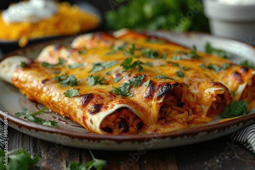 Wallpaper Mural A vibrant plate of chicken enchiladas topped with melted cheese, garnished with fresh cilantro and a drizzle of sour cream, served with a side of Mexican rice and refried beans. Torontodigital.ca