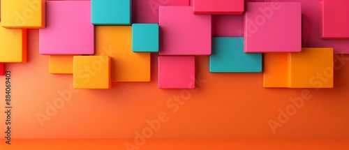 Vibrant 3D geometric abstract background with colorful overlapping squares and rectangles on an orange backdrop.