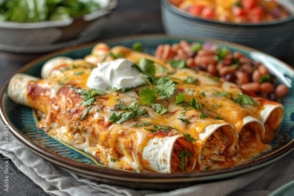 A vibrant plate of chicken enchiladas topped with melted cheese, garnished with fresh cilantro and a drizzle of sour cream, served with a side of Mexican rice and refried beans. A vibrant plate of chicken enchiladas topped with melted cheese, garnished with fresh cilantro and a drizzle of sour cream, served with a side of Mexican rice and refried beans.