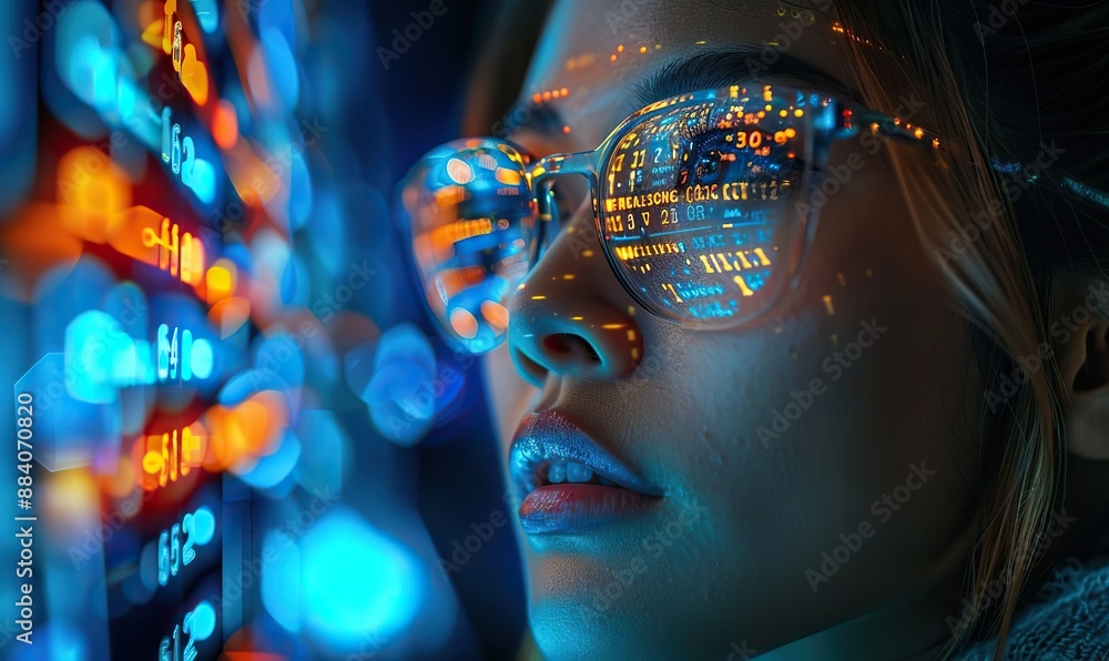 A young woman wearing eyeglasses browses a futuristic, immersive digital world. A young woman wearing eyeglasses browses a futuristic, immersive digital world.