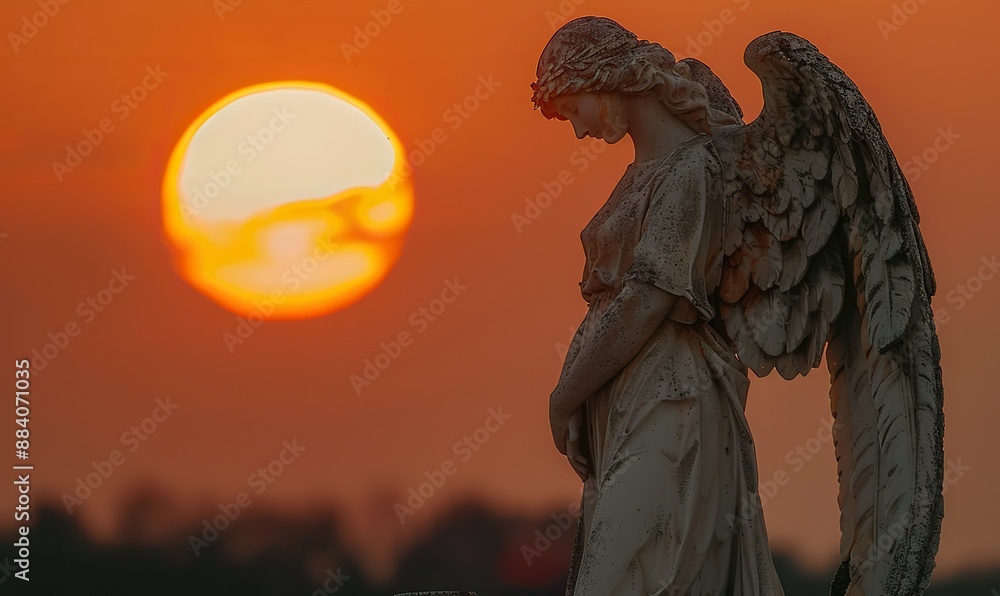 Fototapeta premium At dawn, an angelic silhouette stands tall against the rising sun, in the celestial tapestry.