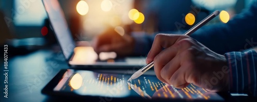 Programmer writing code on a tablet with stylus, modern workspace, creativity