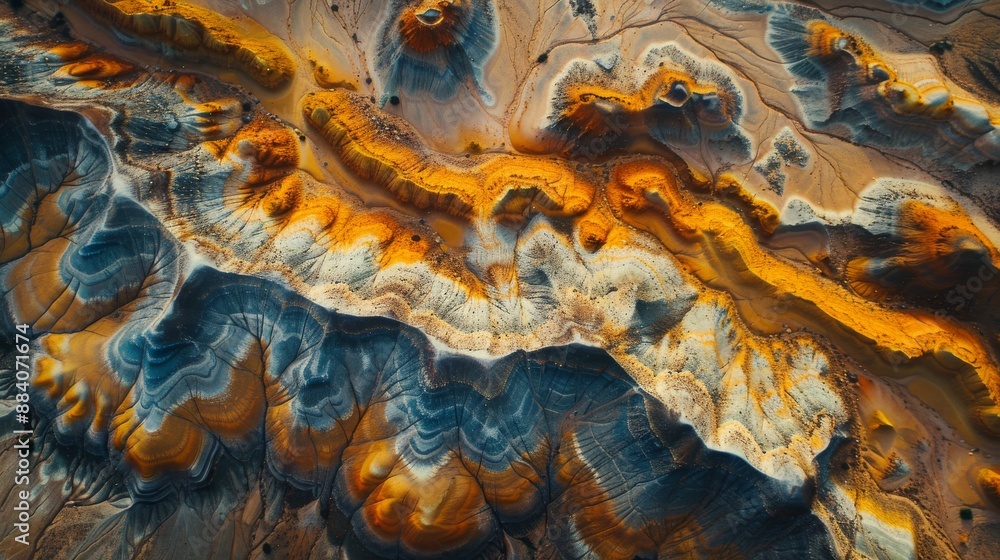 Aerial view of a colorful canyon landscape with vibrant blue yellow and white rock formations Aerial view of a colorful canyon landscape with vibrant blue yellow and white rock formations