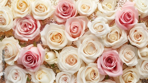 Fototapeta Naklejka Na Ścianę i Meble -  mix of white ivory and pink roses background, flat lay, a bit of golden glitter, bridal