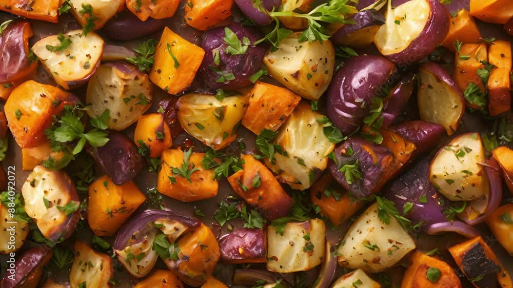 A sheet pan of roasted root vegetables drizzled with avocado oil and tossed with savory herbs. A sheet pan of roasted root vegetables drizzled with avocado oil and tossed with savory herbs.