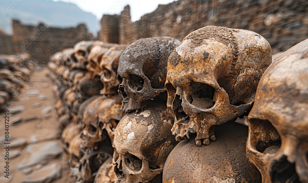 In a gruesome display, a macabre stack of human skulls lay piled high. In a gruesome display, a macabre stack of human skulls lay piled high.