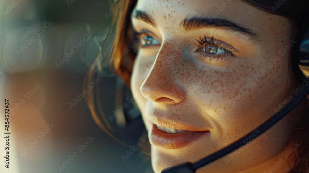 Call center, joyful woman, consultant, advisor, virtual communication, technical assistance. Closeup of insurance agent chatting over headphones, assisting and customer service. Call center, joyful woman, consultant, advisor, virtual communication, technical assistance. Closeup of insurance agent chatting over headphones, assisting and customer service.