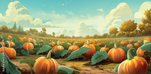 Pumpkin Field Cartoon Game Level Illustration Autumn Harvest Seasonal Landscape Farming Agriculture Countryside Rural Scene Vegetable Patch Digital Art Vector Graphics