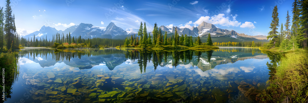 Pristine Mountain Lake Reflecting Snow-Capped Peaks and Evergreen Trees Under a Blue Sky Pristine Mountain Lake Reflecting Snow-Capped Peaks and Evergreen Trees Under a Blue Sky