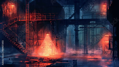 Radiant Industrial Cityscape Watercolor Nightscape with Reddish Lights, watercolor painting industrial cityscape night scene reddish lights urban landscape abstract background