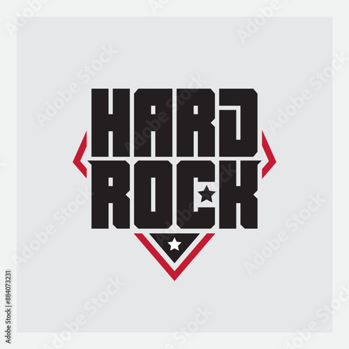 Bold Hard Rock Logo: Edgy Black and Red Design with Stars. Perfect for Music Band, Festival, or Club Branding. Strong Typography and Geometric Shapes Create Powerful Visual Impact.