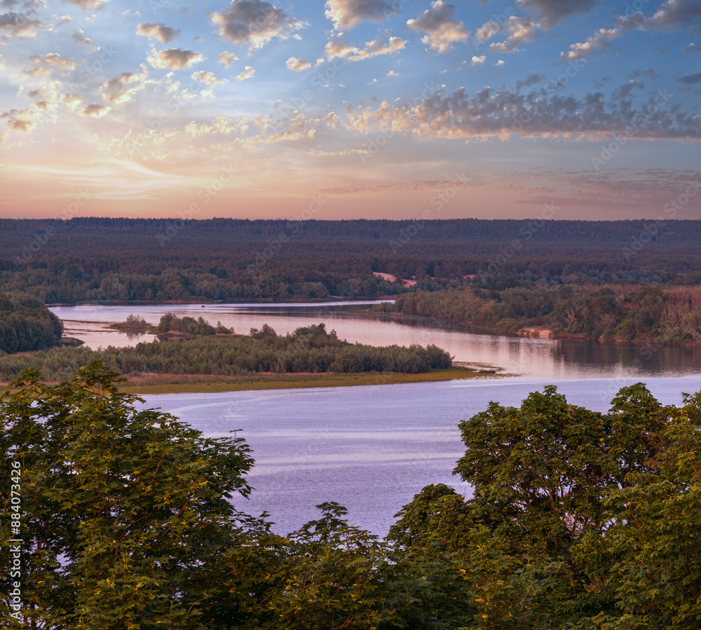 Dnipro river summer evening view from Taras Hill or Chernecha Hora (Monk Hill - important landmark of the Taras Shevchenko National Preserve, Kaniv, Cherkasy Region, Ukraine.