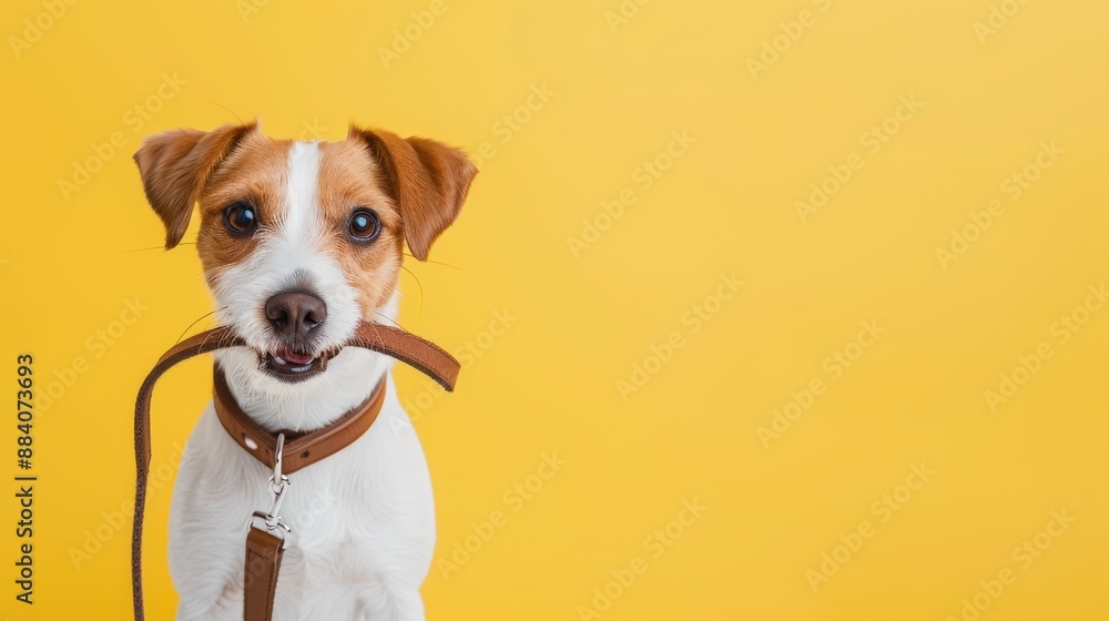 A dog is standing on a yellow background with a brown leash in its mouth A dog is standing on a yellow background with a brown leash in its mouth