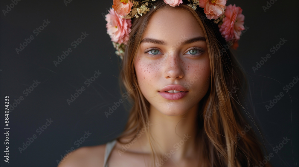 portrait of a woman with flowers, model facing forward, flower crown, fashion editorial, portrait of a woman with flowers, model facing forward, flower crown, fashion editorial,