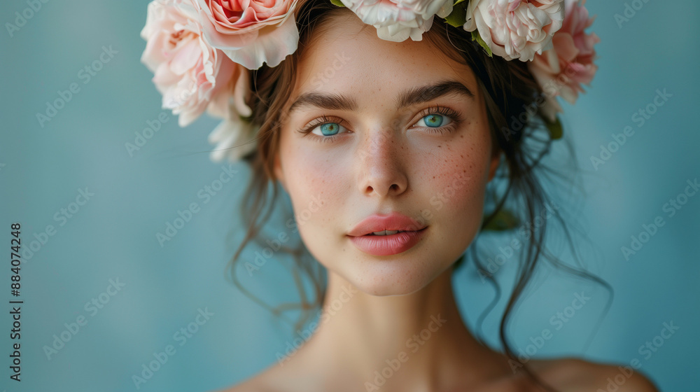 portrait of a woman with flowers, model facing forward, flower crown, fashion editorial, portrait of a woman with flowers, model facing forward, flower crown, fashion editorial,