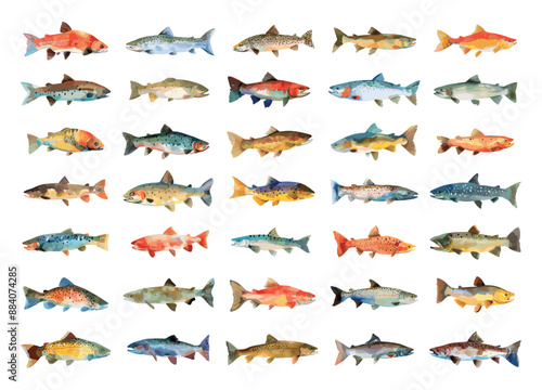 River Fishes Watercolour Icons Set Various Fish Species Vibrant Watercolour Style Colorful Aquatic Life Graphic Design Elements Freshwater Fish Collection Nature Illustrations Fish
