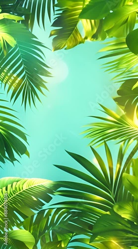 Trendy Balinese summer background with floral pattern, green palm leaves, art wallpaper, summer colors, blur, botanical tropical leaves, sunlight and shadows.