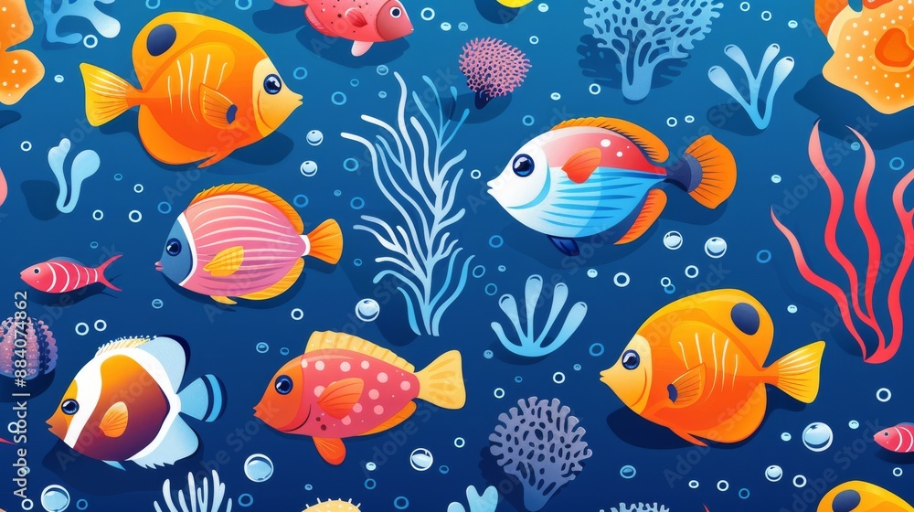 Naklejka premium Colorful Tropical Fish and Coral Seamless Pattern