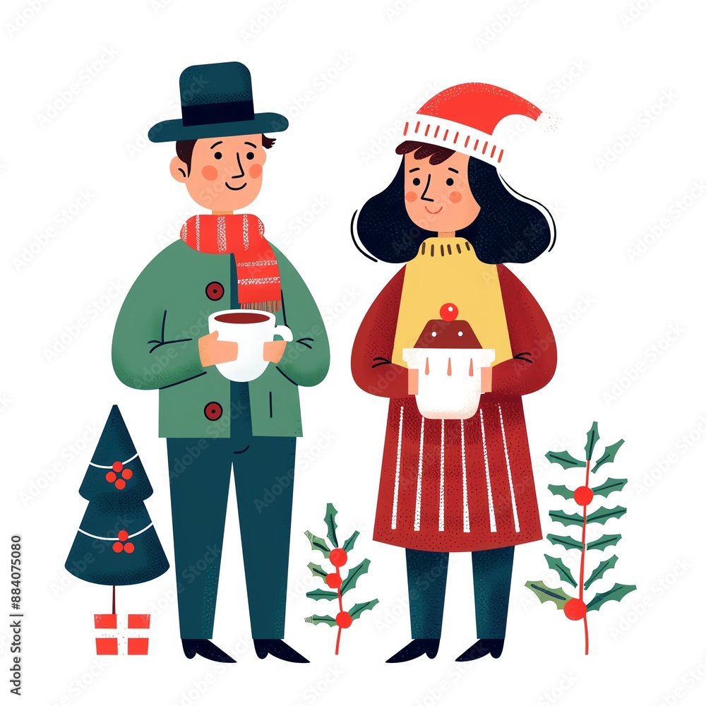 Holiday carolers, hot chocolate mug, Christmas pudding, cartoon style, vivid colors, isolated on white background, focus cover all object, deep depth of field, no blur, Holiday carolers, hot chocolate mug, Christmas pudding, cartoon style, vivid colors, isolated on white background, focus cover all object, deep depth of field, no blur,