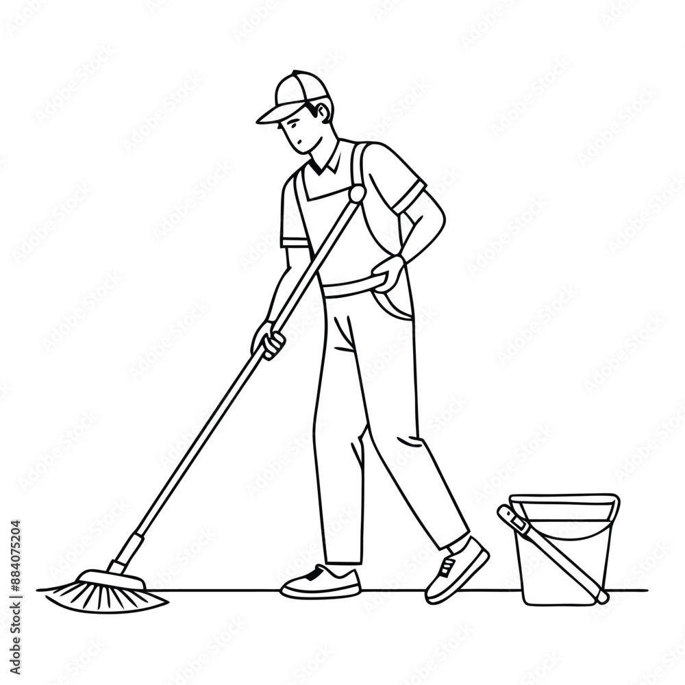 janitor mopping the floor. in line art style janitor mopping the floor. in line art style