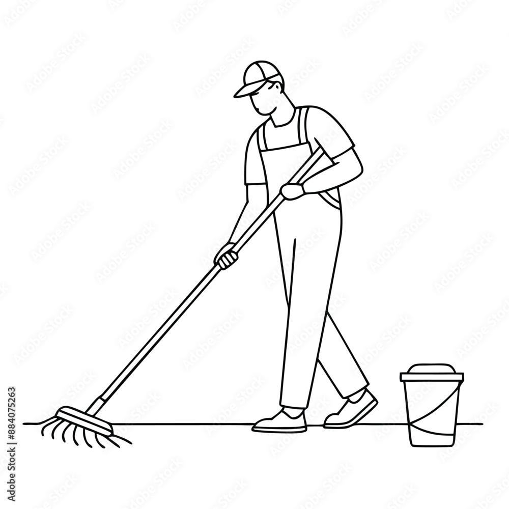 janitor mopping the floor. in line art style janitor mopping the floor. in line art style