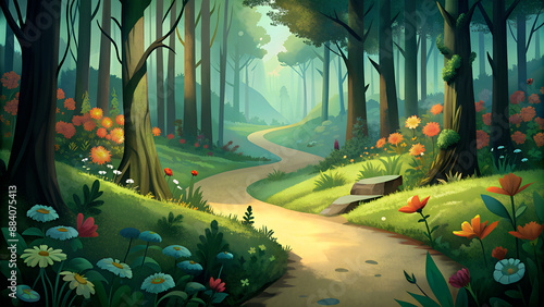 A dreamy forest landscape with a gentle breeze rustling the leaves and colorful flora.
