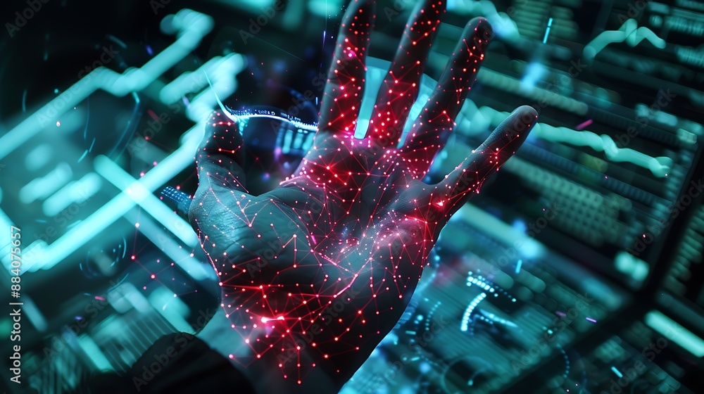 Fototapeta premium hand glowing with digital connections a symbol of the interconnected world. AI generated