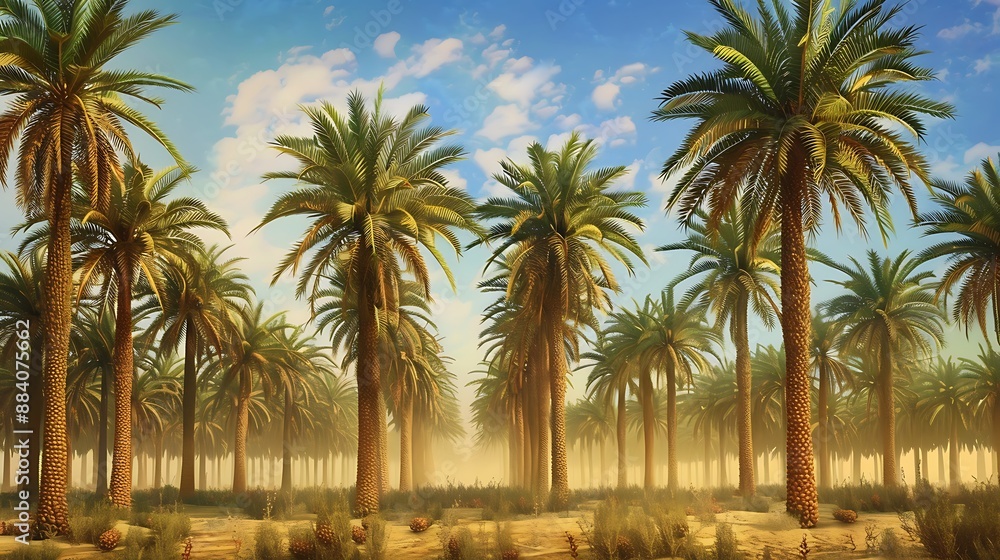 grove of palm trees stand tall in the desert bathed in golden sunlight. AI generated grove of palm trees stand tall in the desert bathed in golden sunlight. AI generated