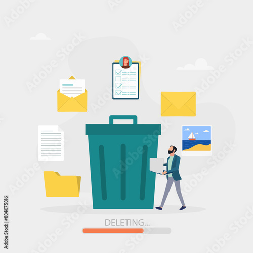 Delete concept. The character deletes data and moves unnecessary files to a large trash bin. Cleaning digital memory. Vector illustration.	