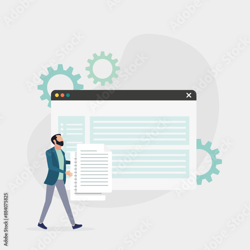 Cyberspace management concept. A person interacts with a storage system and manages digital files, documents and data. Vector illustration.	