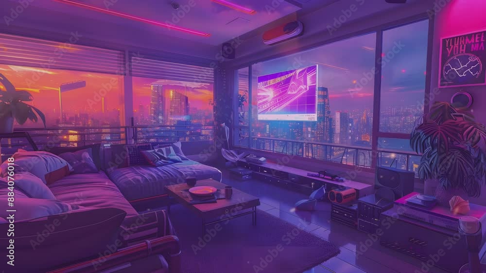 A cyberpunk apartment living room with large windows overlooking the city at sunset, with purple and pink hues, futuristic furniture and smart home technology, in a high resolution style. A cyberpunk apartment living room with large windows overlooking the city at sunset, with purple and pink hues, futuristic furniture and smart home technology, in a high resolution style.