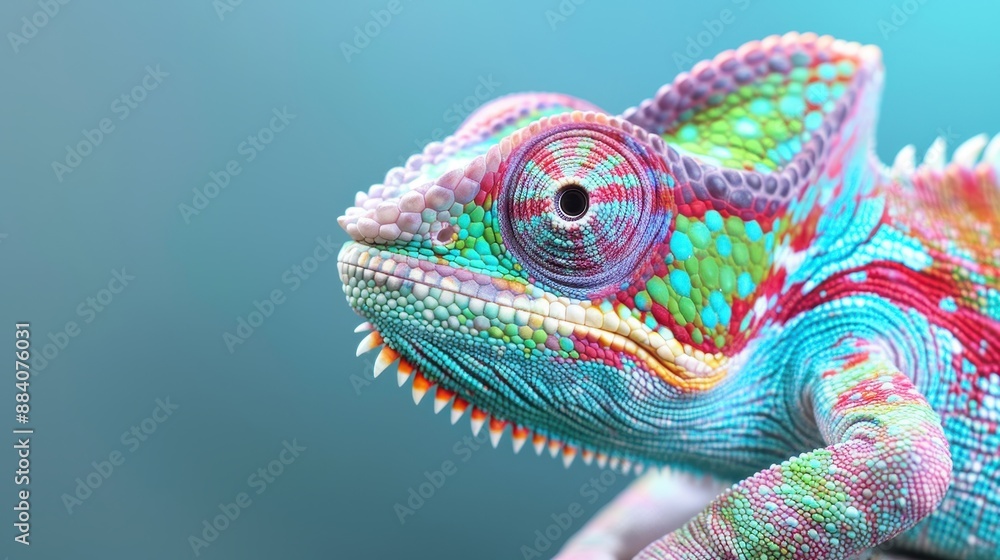 A colorful chameleon with a green and blue head and a red and blue tail A colorful chameleon with a green and blue head and a red and blue tail