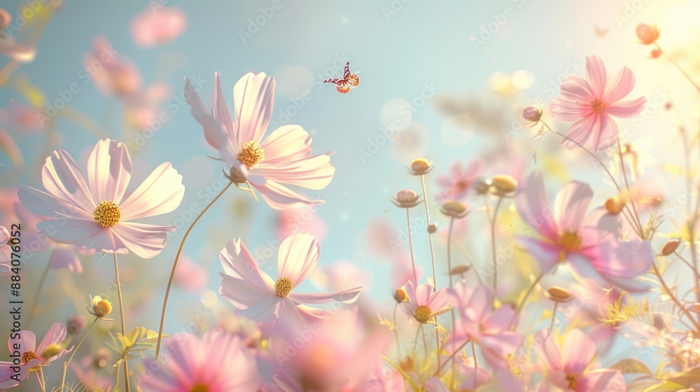 Delicate Pink Cosmos Flowers in a Sunny Meadow Delicate Pink Cosmos Flowers in a Sunny Meadow
