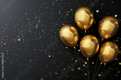 Luxurious golden balloons and sparkling confetti on a black background, perfect for celebrating special occasions in a stylish manner