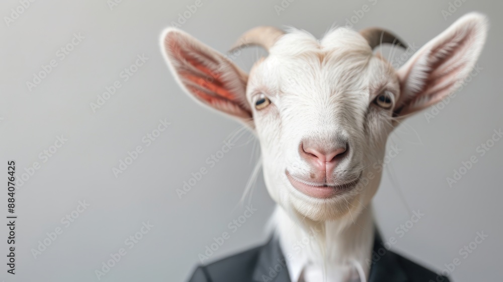 A goat wearing a suit and tie is smiling A goat wearing a suit and tie is smiling