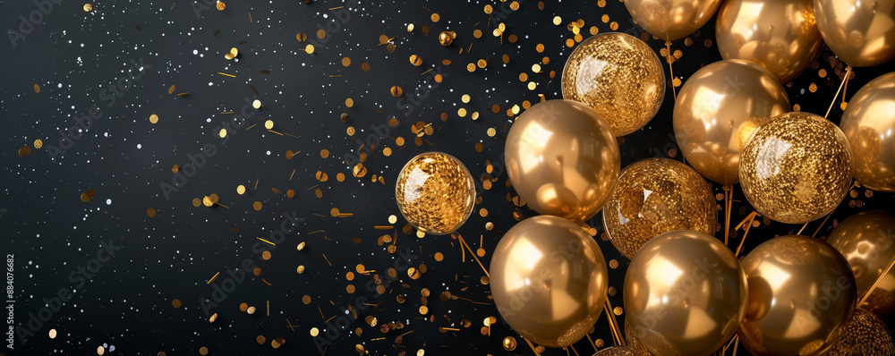 Luxurious golden balloons and sparkling confetti on a black background, perfect for celebrating special occasions in a stylish manner Luxurious golden balloons and sparkling confetti on a black background, perfect for celebrating special occasions in a stylish manner