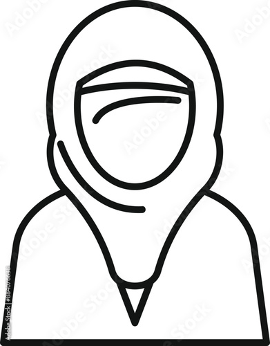 Simple black and white line drawing of a muslim woman wearing a traditional hijab