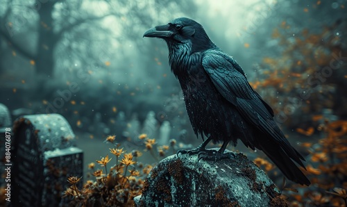 A crow stands on a tombstone in a spooky cemetery, embodying the essence of Halloween.