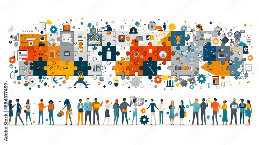 Fototapeta premium A group of people are standing in a circle, with a large puzzle piece in the background. The puzzle piece is made up of many smaller pieces, each with a different color and shape