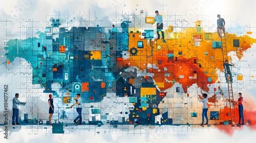 Fototapeta Naklejka Na Ścianę i Meble -  A group of people are working on a puzzle of a world map. The puzzle is made up of many different pieces, and the people are trying to put them together. Scene is one of collaboration and teamwork