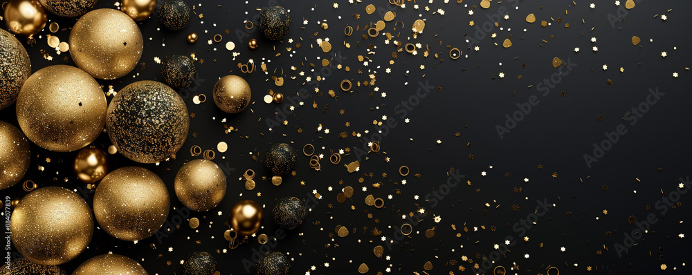 Luxurious golden balloons and sparkling confetti on a black background, perfect for celebrating special occasions in a stylish manner Luxurious golden balloons and sparkling confetti on a black background, perfect for celebrating special occasions in a stylish manner