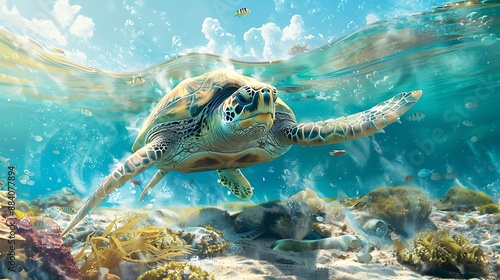 Fototapeta Naklejka Na Ścianę i Meble -  sea turtle gracefully glides through the crystal clear water surrounded by vibrant coral reefs. AI generated
