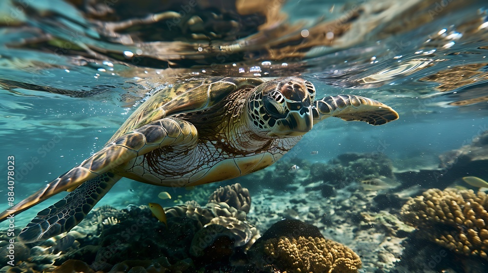 Obraz premium sea turtle gracefully glides through the turquoise waters surrounded by vibrant coral reefs. AI generated