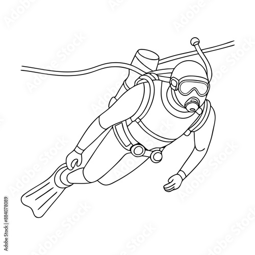 scuba diver line art vector illustration, isolated on a white background 