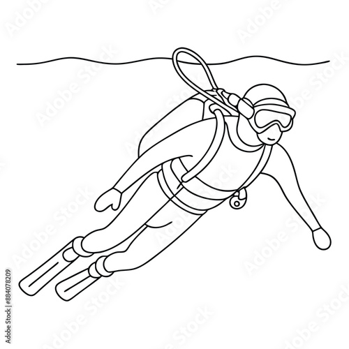 scuba diver line art vector illustration, isolated on a white background 