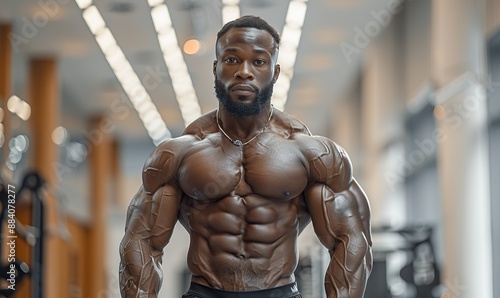 In the bodybuilding gym, a muscular gym rat tenses his impressively pumped muscles.