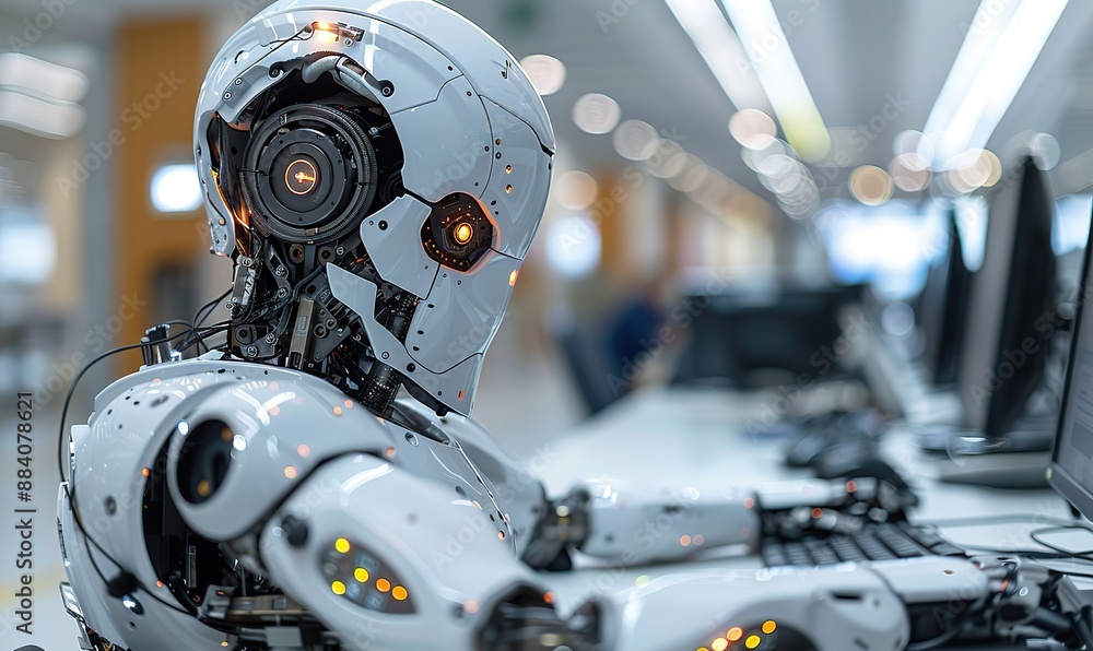 A humanoid robot works as a call center representative. A humanoid robot works as a call center representative.