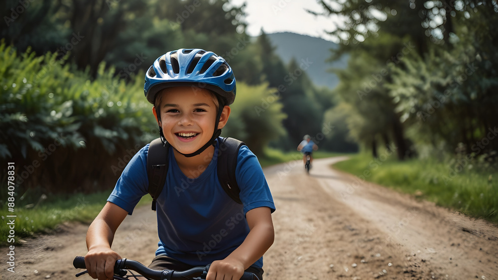Young boy happily rides mountain bike on dirt road, wearing helmet, with other children in background Young boy happily rides mountain bike on dirt road, wearing helmet, with other children in background