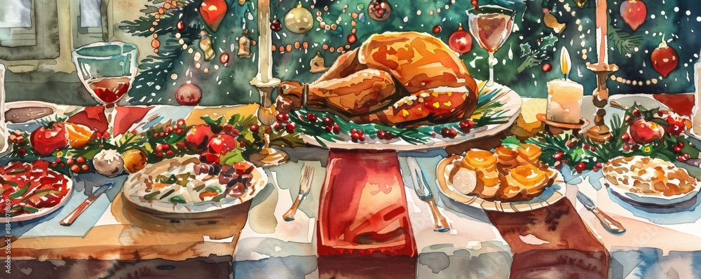 Festive Christmas dinner table with roast turkey, holiday decorations, and various dishes in a cozy setting. Festive Christmas dinner table with roast turkey, holiday decorations, and various dishes in a cozy setting.