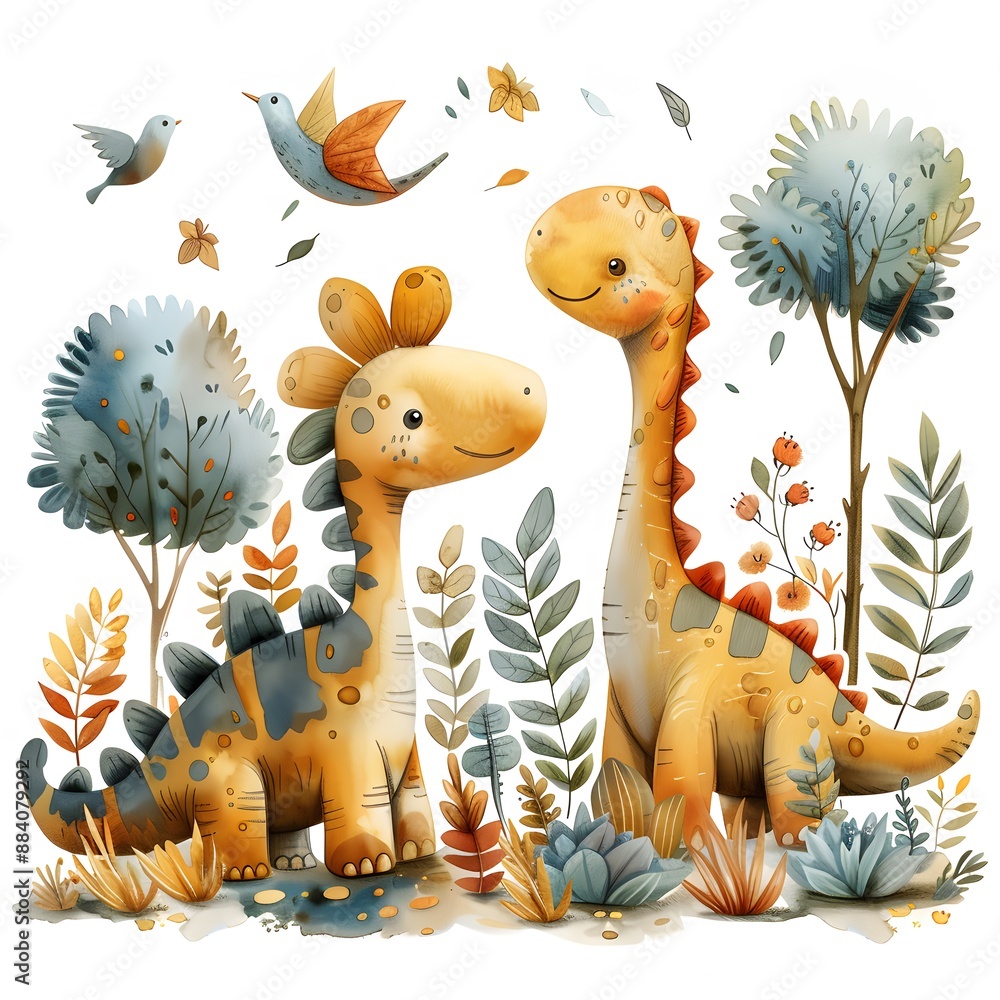 Obraz premium Two baby dinosaurs are standing in a forest with trees and birds. Scene is playful and whimsical